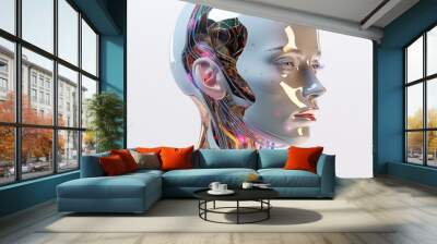 3D android artificial human face on white background. Futuristic conceptual illustration of a biomechanoid or robot. Wall mural