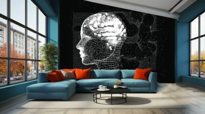 3D Illustration Human Brain Anatomy made of Pixels and Particles For Neural network and Machine Learning concept. Sci-fi futuristic cyberpunk style. Wall mural