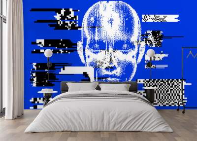 A collage of pixelated head silhouette and visual glitches on a blue background. Conceptual illustration on the theme of artificial intelligence and future technologies. Wall mural