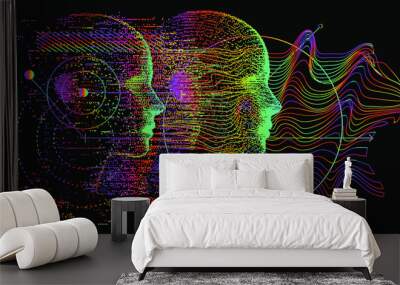 Abstract composition with 3D pixel human head and geometric shapes. Sci-fi futuristic style vector illustration in holographic colors. Wall mural