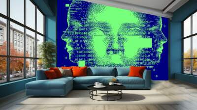 Abstract technology background with binary code and 3d face mask. Conceptual illustration of Artificial intelligence. Wall mural