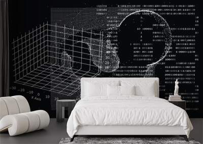 Abstract technology background with binary code and mesh made of particles. Glitched computer screen with scientific drawings.  Wall mural