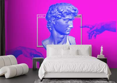 Classical bust sculpture. 3D rendering of Michelangelo's David head in pixel art retro 8-bit style. Retrowave and vaporwave aesthetics of 80's-90's. Wall mural