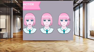 Design of a female cheerful anime character with the bob cut hairstyle showing different expressions and emotions. Wall mural