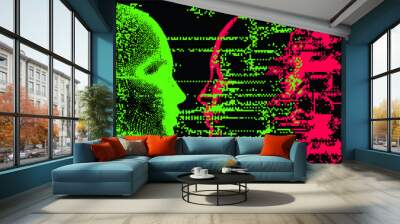 Distorted silhouettes of two heads. Conceptual image of facial recognition and anonymity systems. Vector illustration in cyberpunk pixel art style. Wall mural