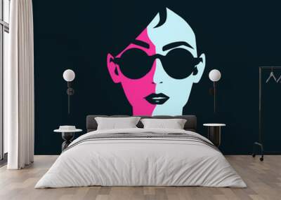 Fashion girl with black lips in sunglasses. Beautiful brunette woman face vector illustration. Stylish original graphic portrait with beautiful young attractive model. Wall mural