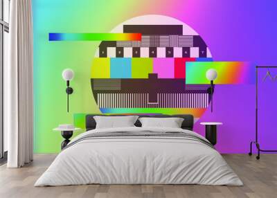 Glitched VHS screen with TV colour bars. Old television broadcast Test Card. Wall mural