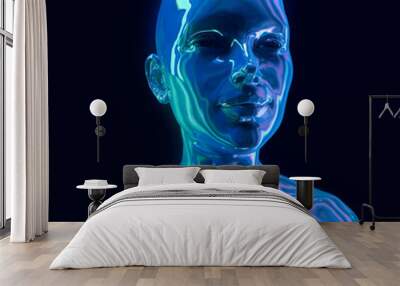 Holographic human bust, robotic head made of glossy iridescent material. 3D render illustration, concept of Artificial intelligence and Futuristic technologies. Wall mural