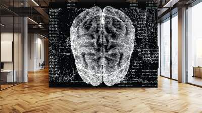 Human brain on the dark background with binary code. 3D illustration of the cerebrum made in refrofuturistic cyberpunk pixel art style. Wall mural