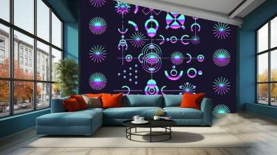 Mysterious holographic alchemical symbols on dark background. Sacred geometry and spiritual art. Wall mural