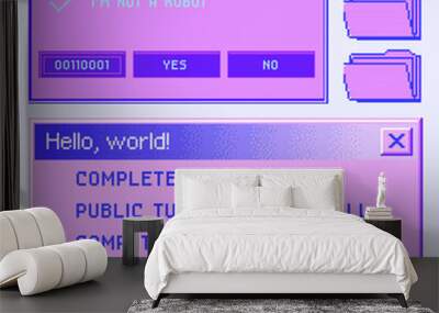 Old user interface elements, retro message box with buttons. Vaporwave and retrowave style aesthetics. Wall mural