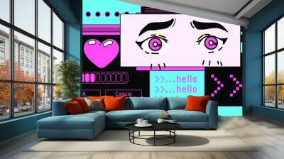 Retro desktop with message boxes, terminal console window. OS user interface in vaporwave 80's vintage stylization. Wall mural