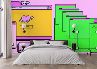 Retro vaporwave desktop with message boxes and user interface elements. A conceptual illustration of website and application programming. Wall mural