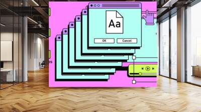 Retro vaporwave desktop with message boxes and user interface elements. A conceptual illustration of website and application programming. Wall mural