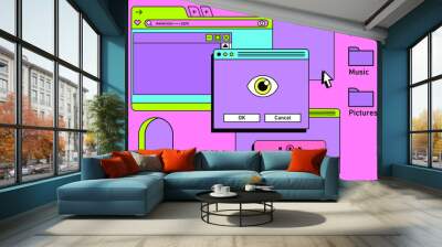 Retro vaporwave desktop with message boxes and user interface elements. A conceptual illustration of website and application programming. Wall mural