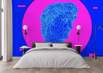 Retrofuturistic style 3D illustration of a low poly bust on dark background. Vaporwave computer art aesthetics. Wall mural