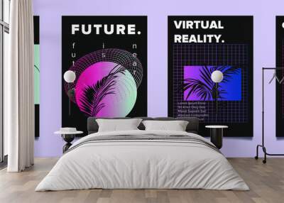 Set of cyberpunk, vaporwave, synthwave style retrofuturistic posters with ferns and coconut palm leaves silhouette. Collection of covers for music party event. Wall mural