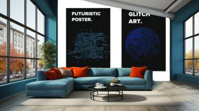 Set of cyberpunk/ vaporwave/ synthwave style futuristic posters with binary code and 3d figures. Collection of covers for hackathon, informational security or infosec event. Wall mural