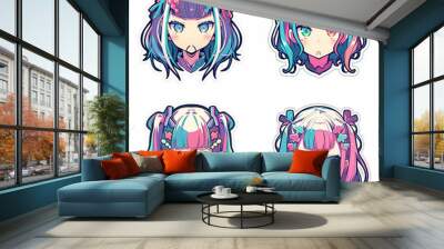 Set of female characters with colorful hair gathered in a buns. Collection of cute cartoon anime girls on a white background. Wall mural