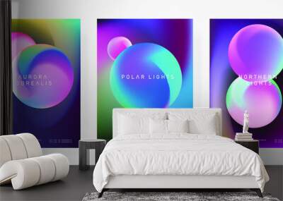 Set of modern abstract minimal posters with gradient circles on blurry holographic background. Cosmic trendy covers. Wall mural