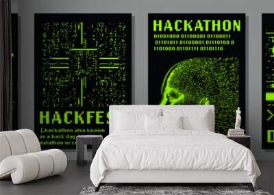 Set of retrofuturistic posters for hackathon (also known as a hack day, hackfest, datathon or codefest) event with set of 1-bit pixel art illustrations of human heads and glitched elements. Wall mural