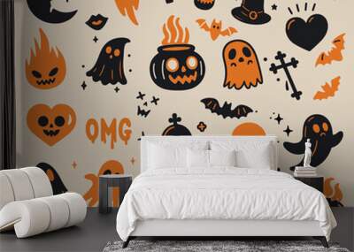 Set of spooky stickers with skulls, witch hat, crosses, pumpkins and ghosts. Creepy halloween illustrations for stickers and patches. Wall mural