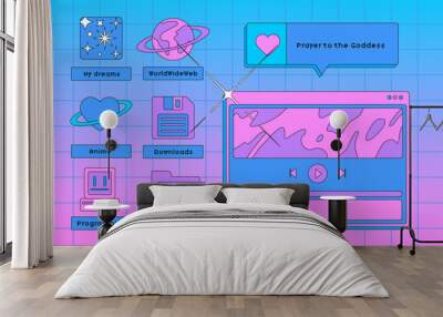 Set of user interface elements in retro y2k vaporwave style. Wall mural