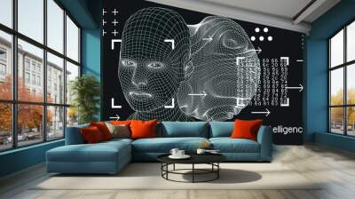 Silhouette of 3d low poly human head. Concept of Artificial intelligence and Neural Network. Wall mural