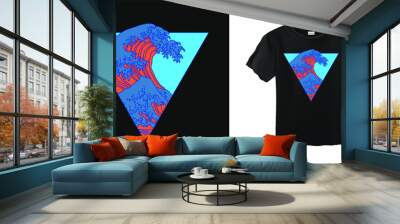 Vaporwave stylish t-shirt and apparel trendy design with Great Wave. Fashion print template with ocean's crest leap, vector illustration.  Wall mural