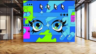 Vaporwave the 90's like style collage with user interface elements and cartoon anime illustrations. Wall mural