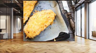 Grilled cheese sandwich, selective focus, top view Wall mural