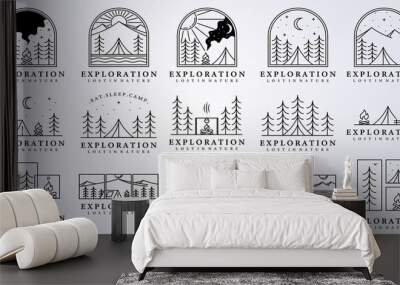 set collection bundle camp night tent camp fire logo vector illustration design clever creative line art logo fantasy Wall mural