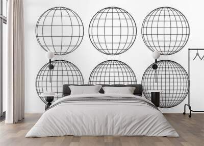 Globe grid spheres. Striped 3D spheres, geometry globe grid, earth latitude and longitude line grid vector symbol set. Spherical grid globe shapes. Illustration globe striped, global geography surface Wall mural