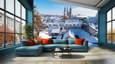 View over Zagreb during winter with snow with view to towers of church and cathedral at a sunny day, Zagreb, Croatia, Europe Wall mural