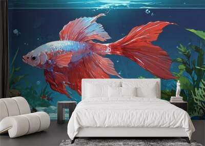 Betta fish swimming in aquarium fish Illustrations. Wall mural