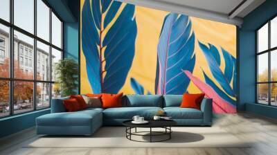 Bright Blue and Pink Tropical Leaves on Yellow Background for Summer Design. Wall mural