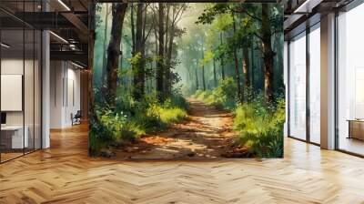 Enchanting wild forest path with watercolor effect. Wall art wallpaper. Watercolor illustration Wall mural