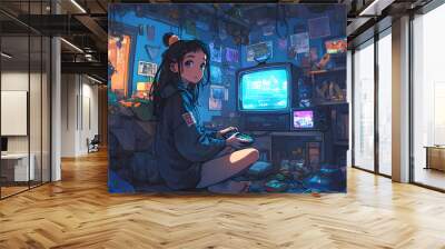 Nostalgic Girl playing a vintage video game on a retro TV in a cozy attic room. Anime style, Cozy vibes Wall mural