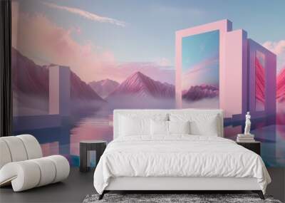 3d Render, Abstract Surreal pastel landscape background with architecture and geometric, beautiful gradient sky scene, lake with clam water, minimal concept. Illustration Wall mural