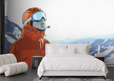 A man wearing an orange jacket and goggles standing on a mountain. Suitable for outdoor adventure and winter sports themes. sports. Illustrations Wall mural