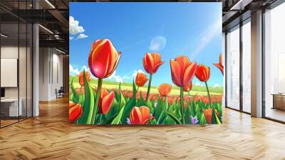 A vibrant field of tulips in full bloom, with a clear blue sky above manga cartoon style. cartoons. Illustrations Wall mural