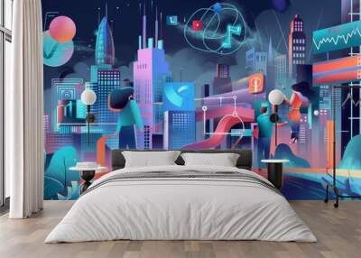 Beautiful blue paper cut style city art. paper art. Illustrations Wall mural