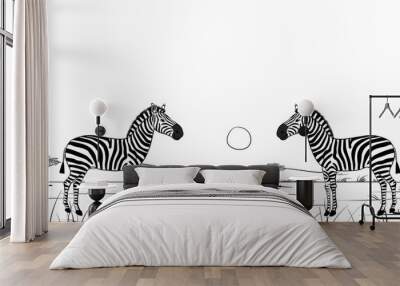 Beautiful wild animals African striped black and white zebras on the loose on a nature safari at sunset. grunge, animals. Illustrations Wall mural