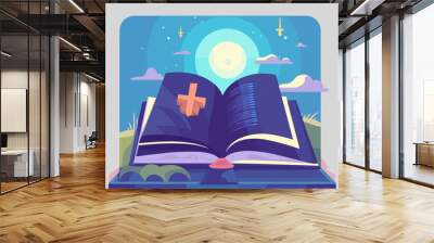 Blue bible with a cross night and clouds vector illustration Wall mural