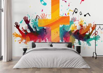 Colorful christian cross music notes hands vector illustration Wall mural