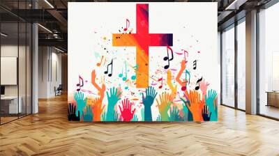 Colorful christian cross music notes hands vector illustration Wall mural