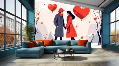 Couple of love designs in winter season. Attraction from a woman to a man. is in flat style.. valentine love woman and man winter png like style Wall mural