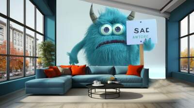 Cute blue furry monster 3D cartoon character cute furry monster green monster holding placard cartoon monster. cartoons. Illustrations Wall mural