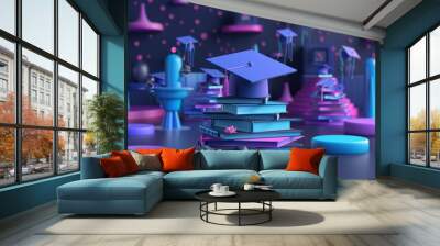 Graduation concept, 3D rendering, graduation cap on stack of books on the table with copy space and blurred background. graduation. Illustrations Wall mural