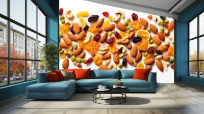 Mixed Dried fruit and nuts trail mix with almonds, raisins, seeds isolated on white background, top view, copy space isolated on white background,. Created using Generative AI Technology Wall mural